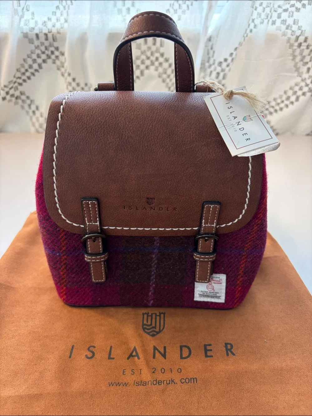Islander Harrison Tweed Mini Jura Backpack. Brown Leather and Magenta Plaid.